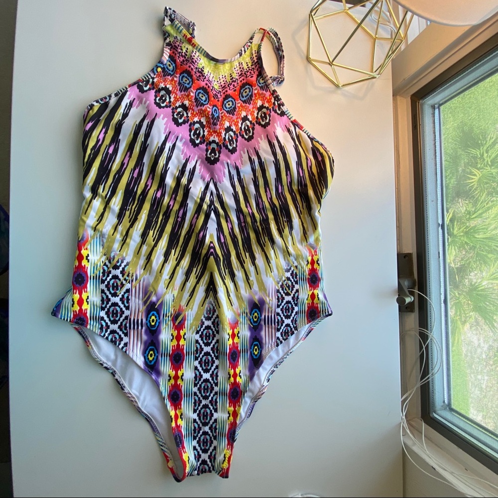 One-Piece Multicolor High Neck Strappy Back Swimsuit; XL